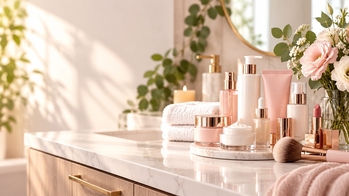 Farmasi review: beauty and skincare products styled on a bathroom vanity